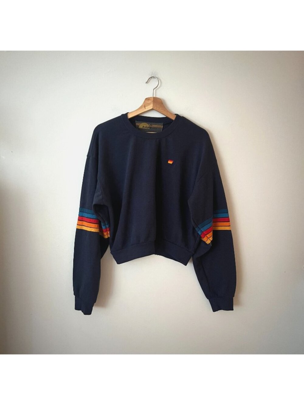 Aviator Nation Rainbow Stitch Sleeve Crewneck Sweatshirt Navy Women's Size XS
